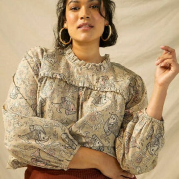 Anthropologie Tops - Anthropologie Let Me Be Maple Ruffle Blouse Whimsical Fish Print l Size 20W 20 W